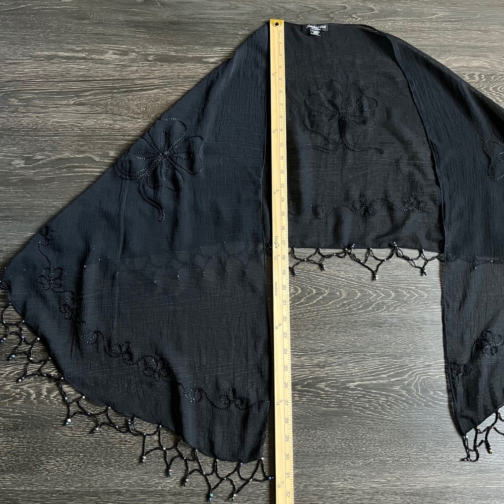 VTG Black Beaded Floral Embroidered Sheer Shawl Wrap Fringe Whimsigoth Vamp Y2K - Picture 6 of 9